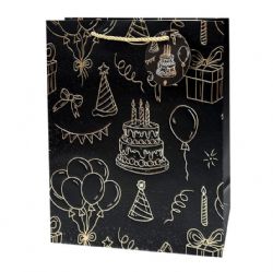 SAC CADEAU LARGE - MOTIFS ANNIVERSAIRE FOND NOIR MAT
